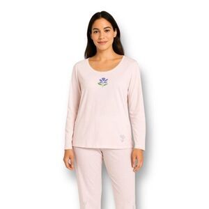 Charter Club Intimates L Pink Floral Beaded Cotton Long Sleeve Pajama Sleep Top